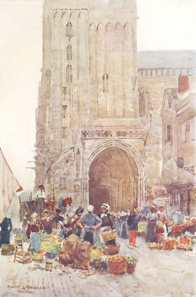 MANCHE. The South porch of the Cathedral. Coutances. Street market. 1907 print